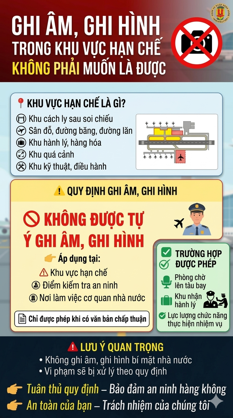 QUY ĐỊNH VỀ VIỆC GHI ÂM, GHI HÌNH TRONG KHU VỰC HẠN CHẾ TẠI CẢNG HÀNG KHÔNG, SÂN BAY