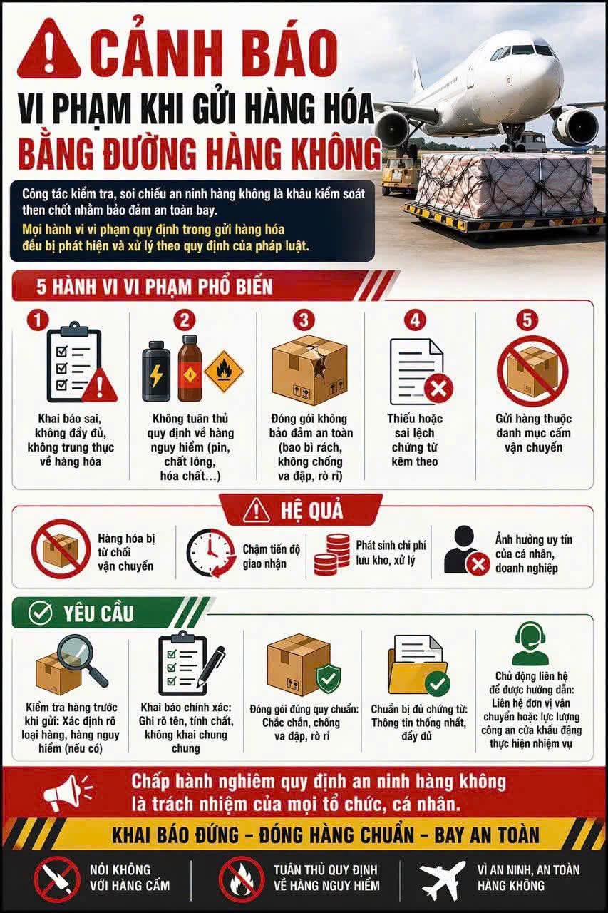 CẢNH BÁO VI PHẠM TRONG GỬI HÀNG HÓA BẰNG ĐƯỜNG HÀNG KHÔNG